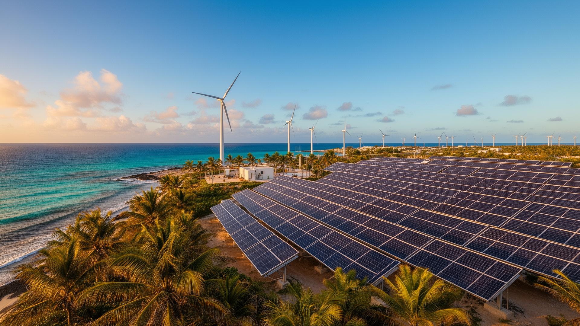Caribbean solar and wind energy infrastructure along a turquoise coastline